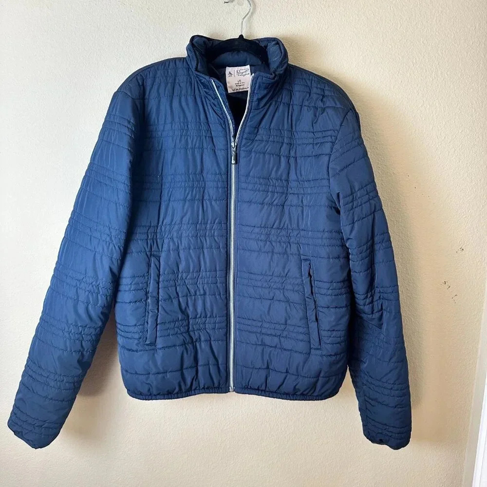 Original PENGUIN Navy Quilted Pufffer Bomber Jacket Coat Hooded size Large